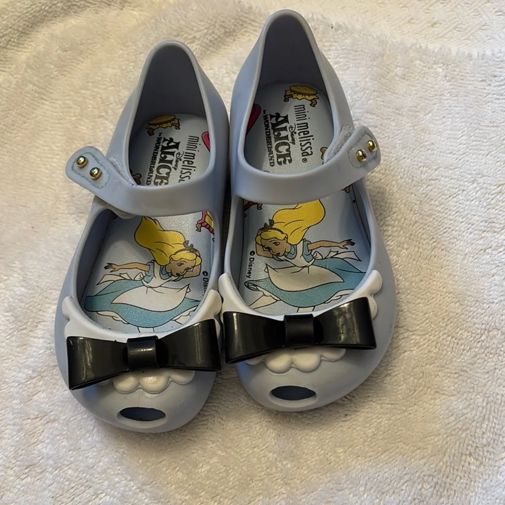 Mini Melissa Girls Light Blue Mary Jane Shoes with Black Bows